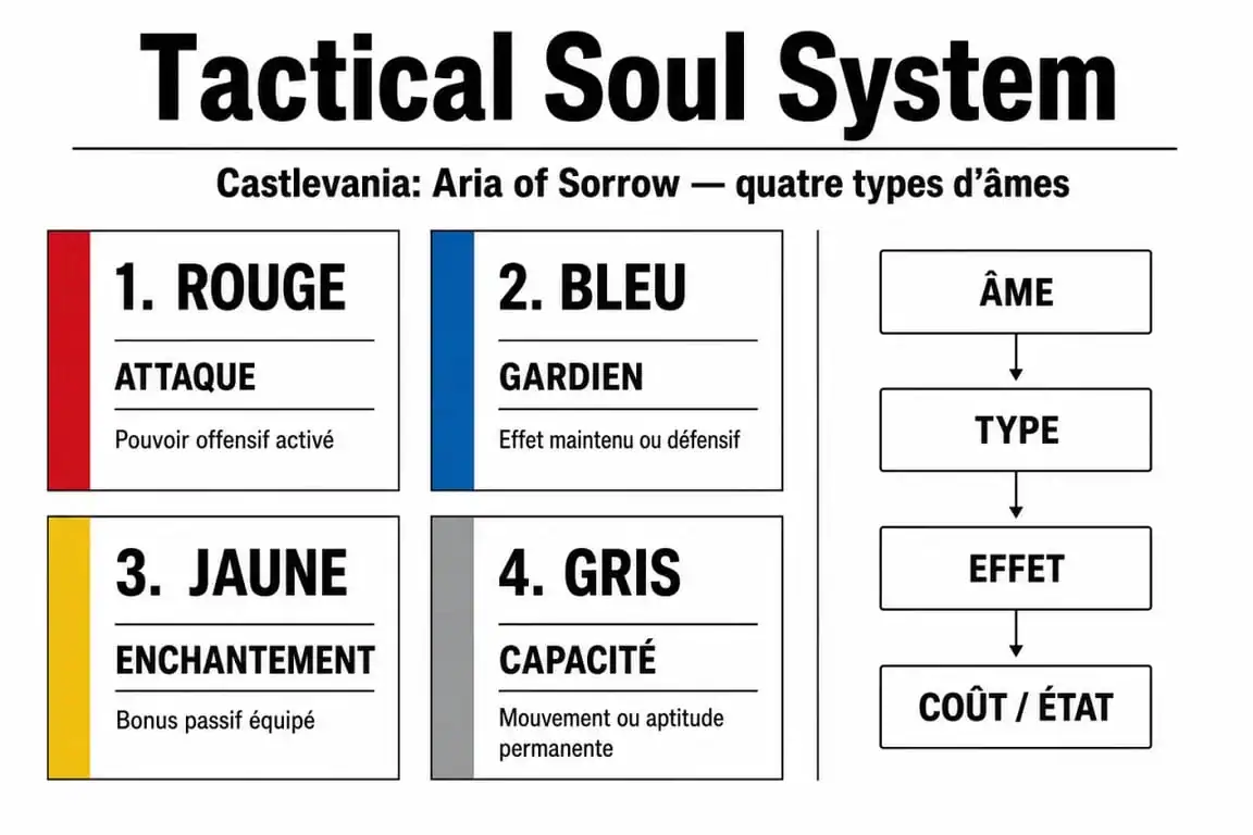 Schéma explicatif du Tactical Soul System dans Castlevania: Aria of Sorrow