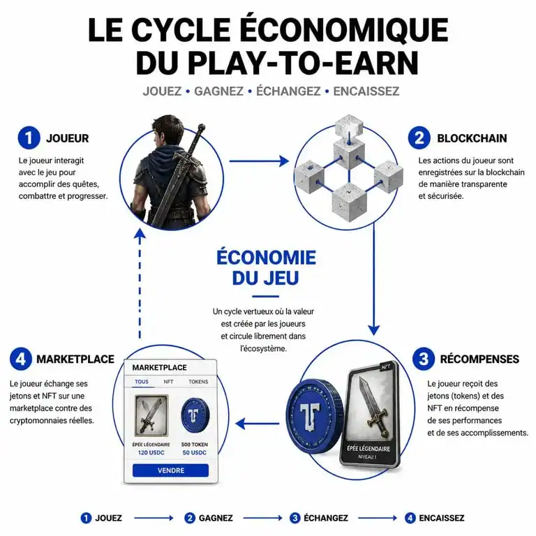 Schéma explicatif du fonctionnement économique des jeux play-to-earn et de la conversion des actifs numériques en cryptomonnaies