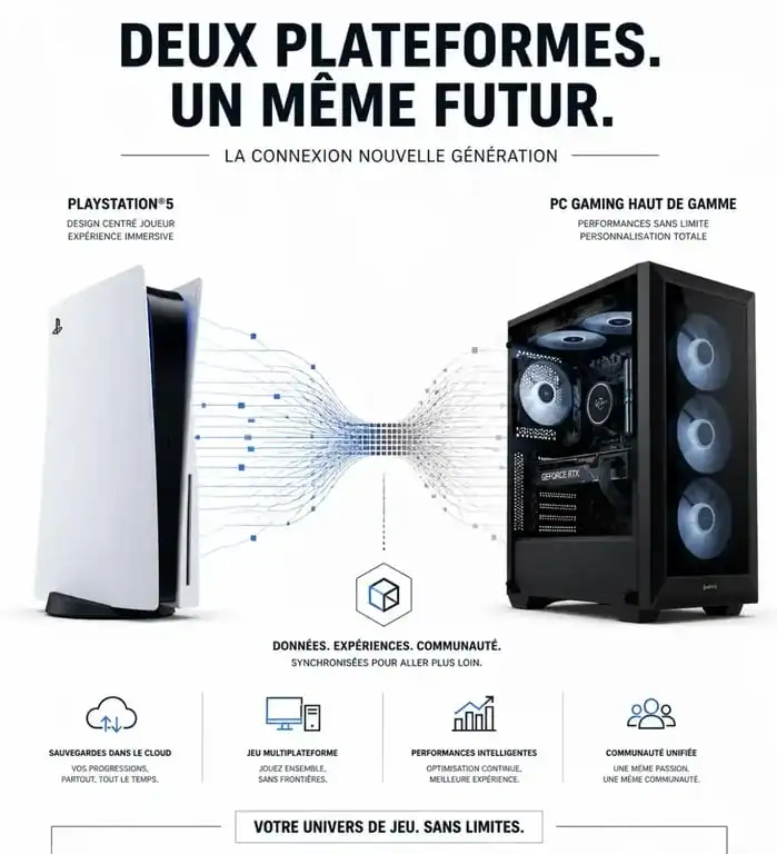 Illustration conceptuelle du crossplay entre PS5 et PC pour jouer ensemble