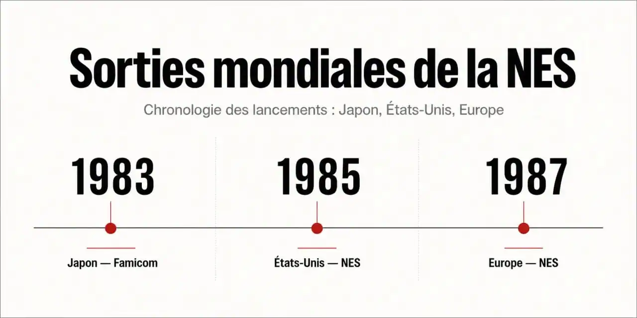 Frise chronologique de la date de sortie de la NES dans le monde, du Japon en 1983 à l'Europe en 1987