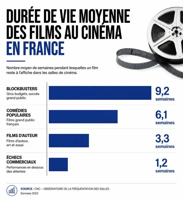 Infographie sur la durée de vie des films au cinéma : combien de temps reste un film à l'affiche selon son succès.