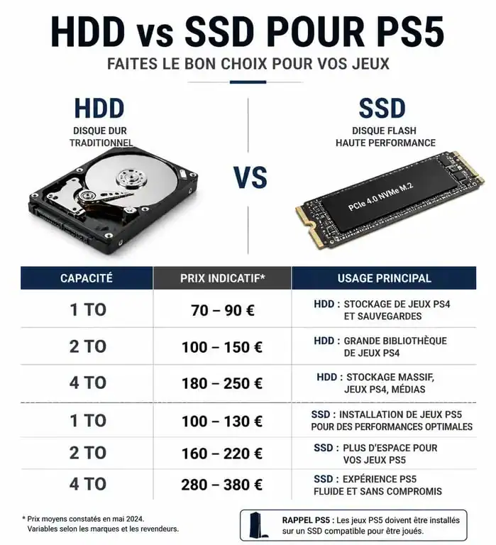 Comparatif prix et performances disque dur externe PS5 HDD vs SSD