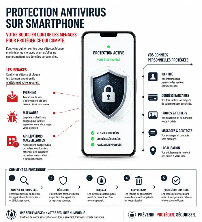 Schéma explicatif du fonctionnement d'un antivirus smartphone pour la protection des données personnelles