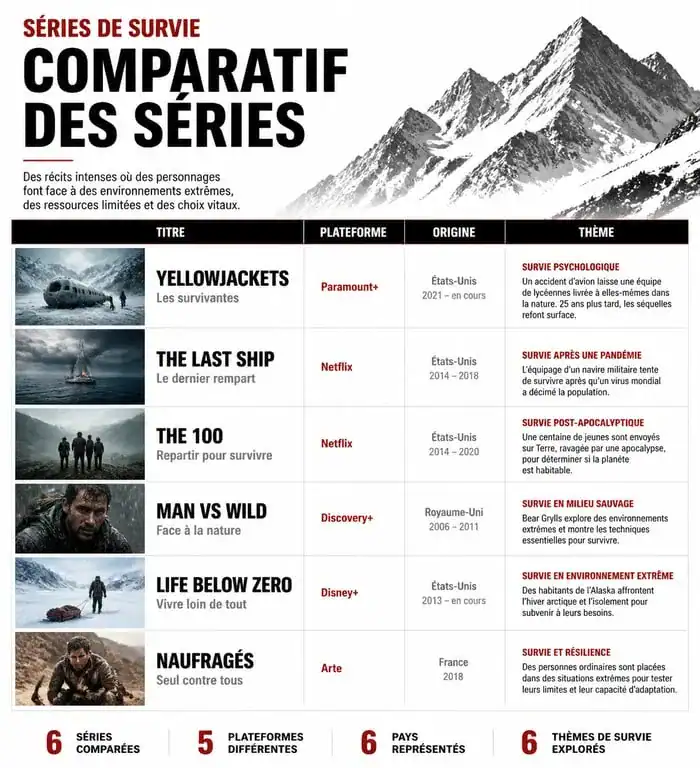 Infographie comparative des meilleures séries de survie comme Squid Game : Alice in Borderland, 3%, Bargain, The 8 Show.