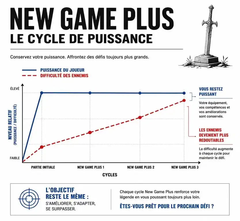 Graphique illustrant la progression de la puissance du joueur et de la difficulté des ennemis dans un mode New Game Plus.