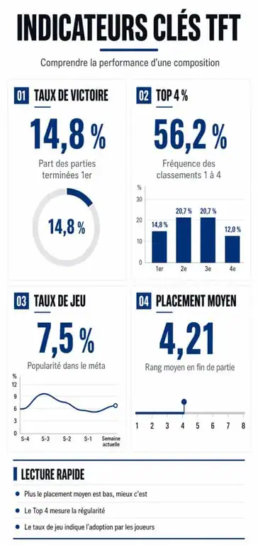 Infographie des statistiques TFT : Win Rate, Top 4%, Play Rate et Average Placement pour améliorer ses performances