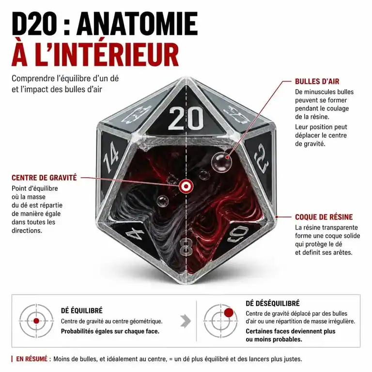 Infographie montrant l'anatomie et l'équilibre d'un dé à 20 faces D20