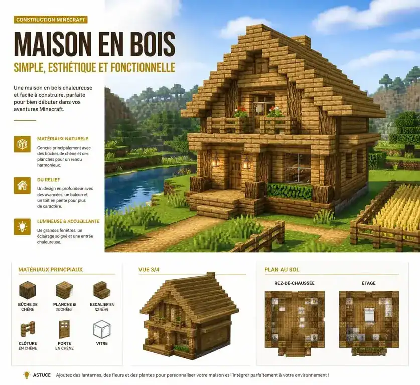 Maison Minecraft facile en bois avec toit en pente et détails architecturaux