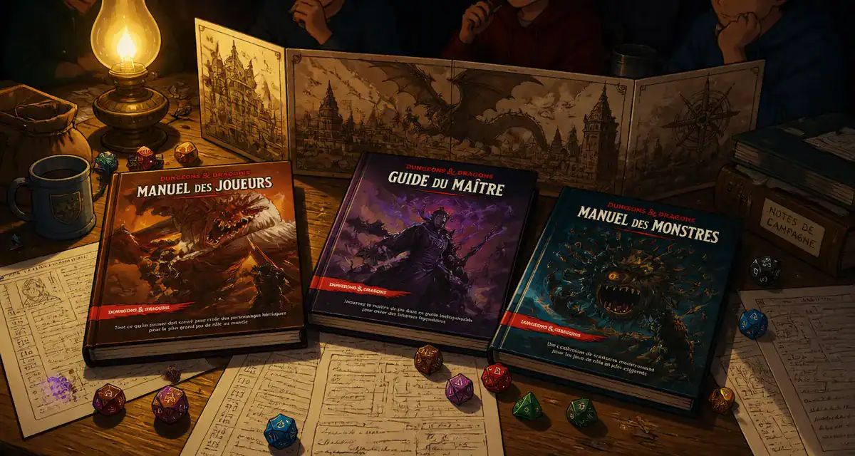 jdr donjon et dragon manuels sur table avec dés