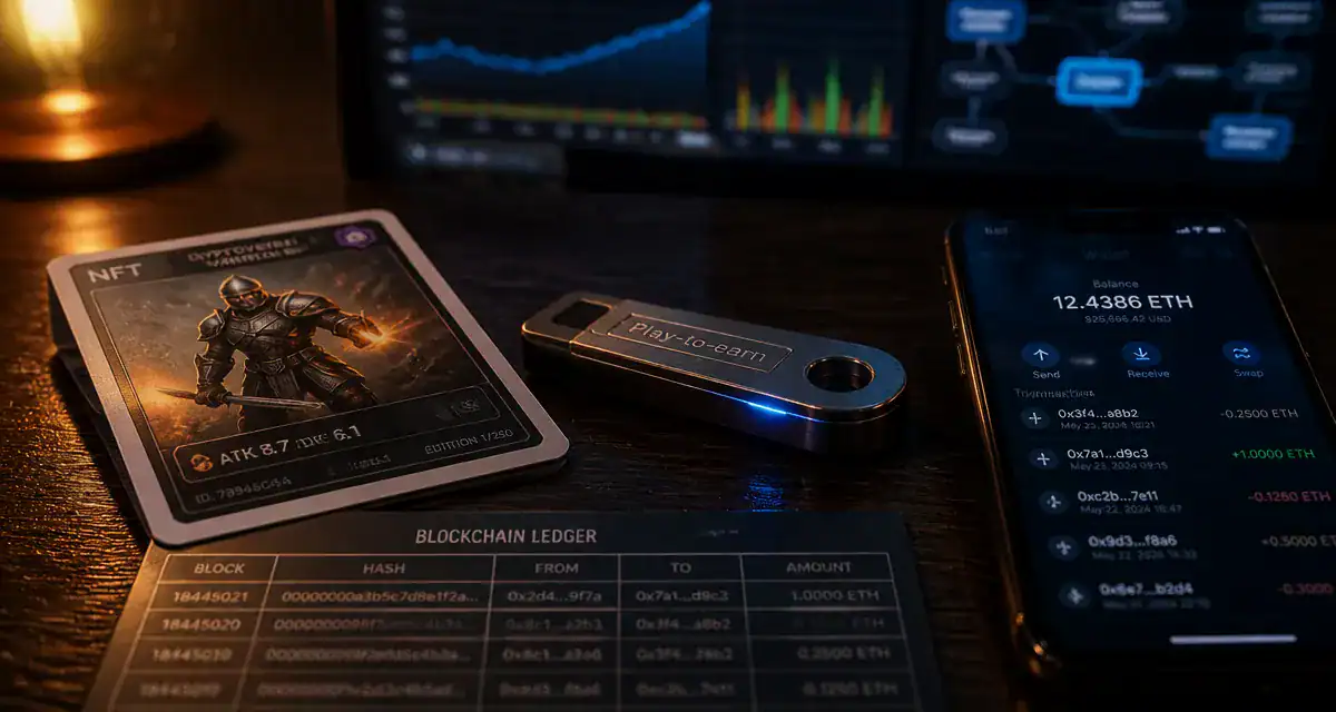 Jeux play-to-earn : carte NFT, wallet et portefeuille chiffré
