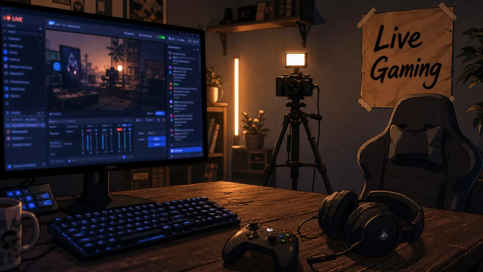 Jeux vidéo live : bureau streaming avec manette et casque
