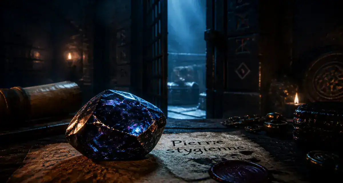 stygian stone diablo 4, pierre stygienne sombre devant une porte de donjon, cinématique