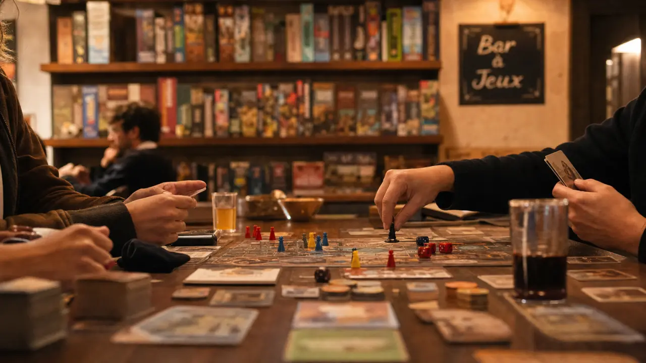 Photo café jeux : cartes et pions sur une table, ambiance ludique