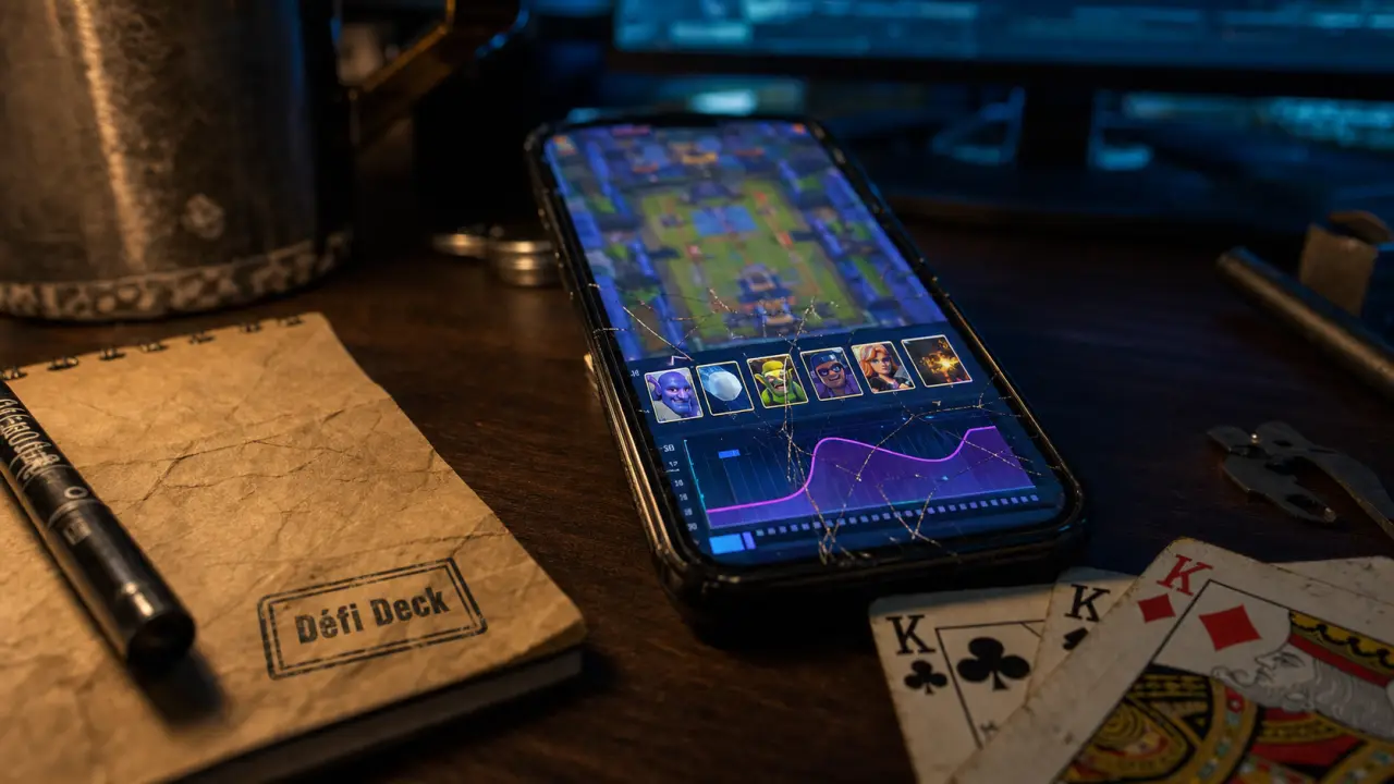deck defi Clash Royale : smartphone et cartes, arène floue, deck en surbrillance