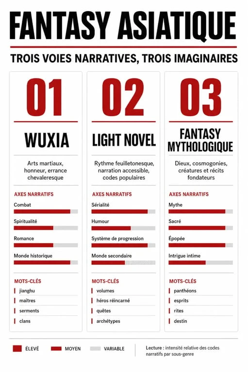 Infographie comparative des sous-genres de la fantasy asiatique pour choisir son roman