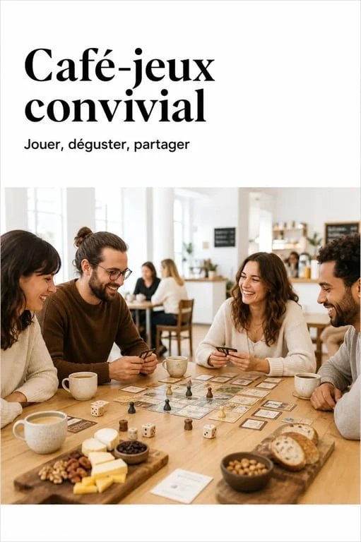 Ambiance conviviale dans un café jeux avec des amis jouant à un jeu de société autour d'une table.