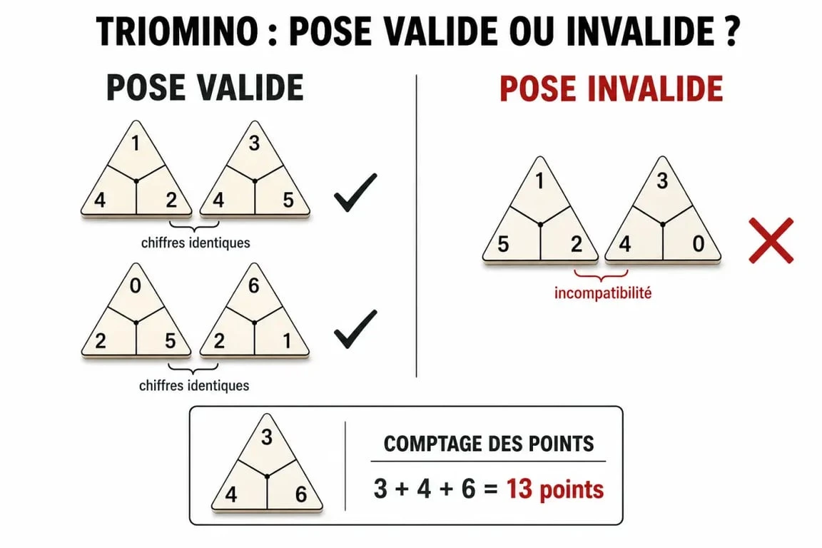 Règle du jeu Triomino : exemple de pose valide et invalide sur une table de jeu