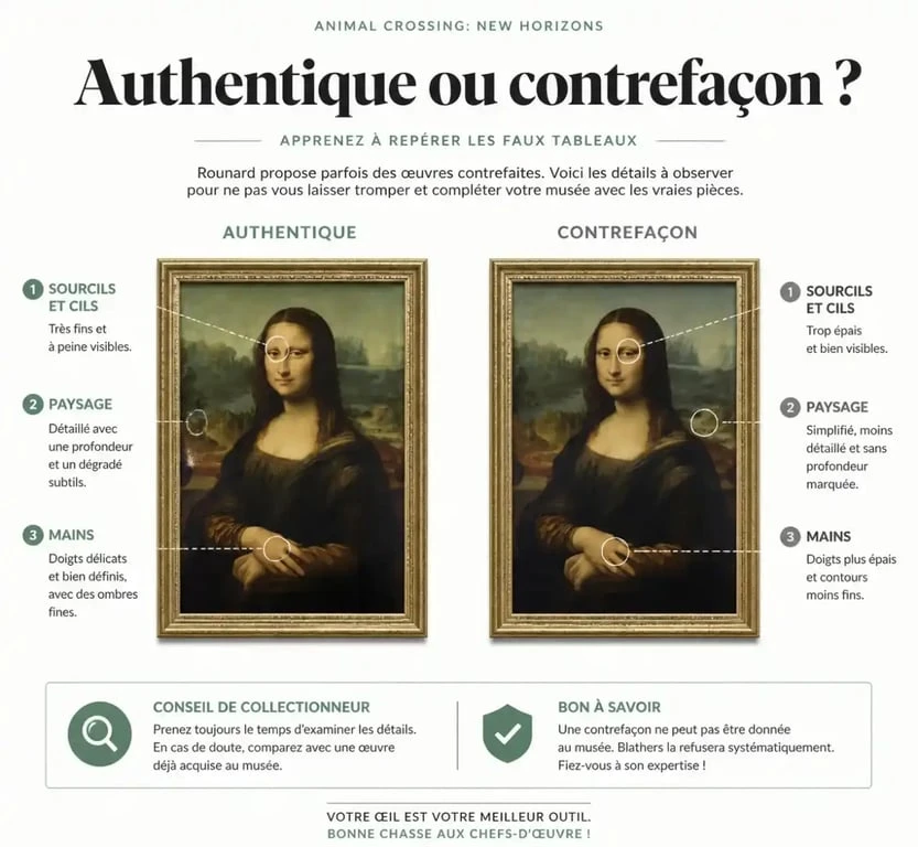 Comparatif visuel entre une œuvre d'art authentique et une contrefaçon de Rounard dans Animal Crossing New Horizons pour identifier les faux