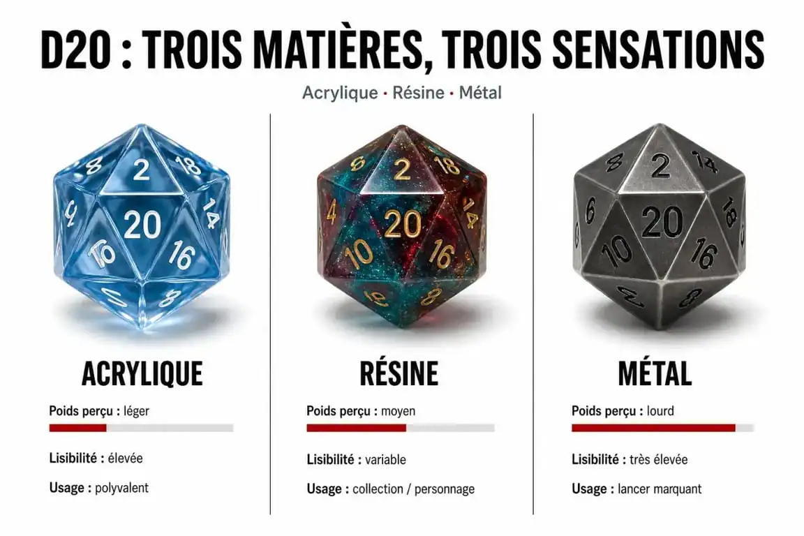 Comparatif des dés 20 en acrylique, résine et métal pour choisir le bon modèle
