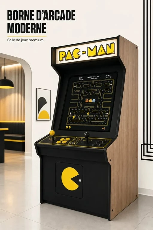 Borne d arcade pacman dans un salon rétro avec marquee lumineux et panneau de commande
