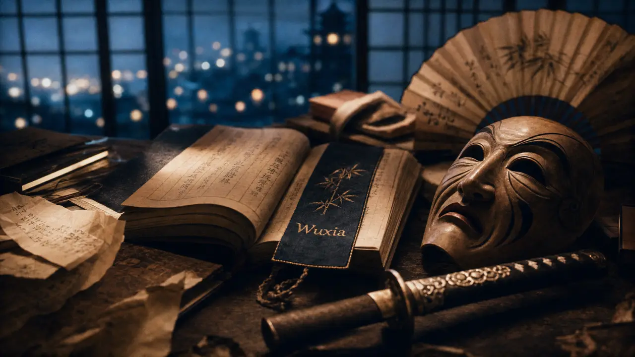 Fantasy asiatique roman : livres, masque japonais et éventails en papier