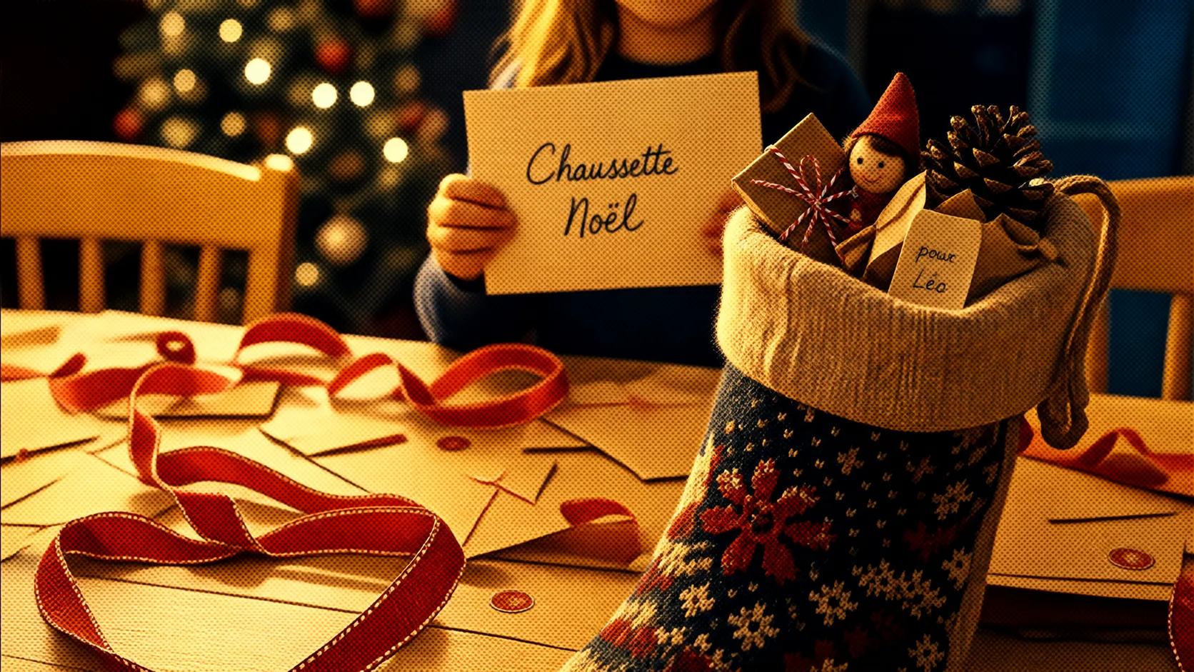 Jeu de noel en famille : carte et chaussette de Noël sur table