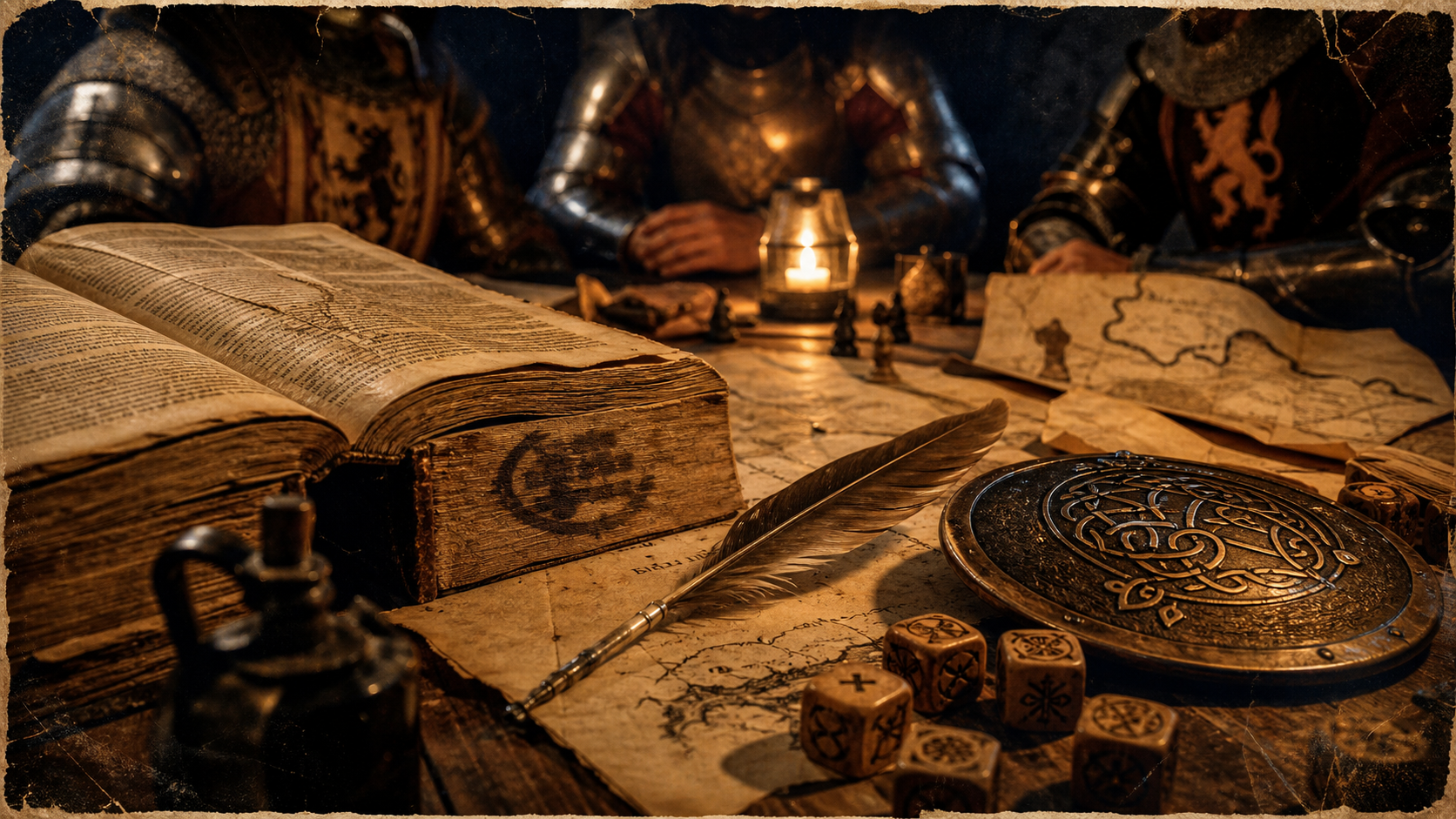 Jeu de role pendragon : chevalerie, coffrets et dés en bois sur parchemin