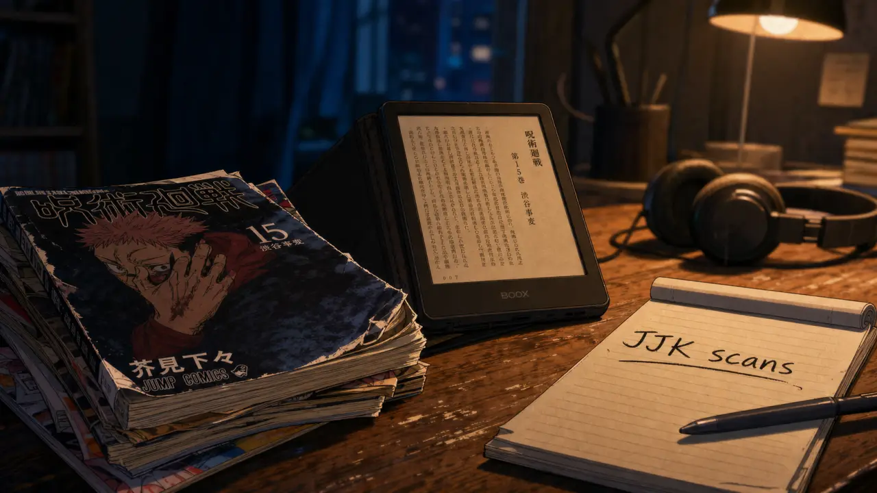 JJK scans : pile de magazines et liseuse, titre guide de lecture