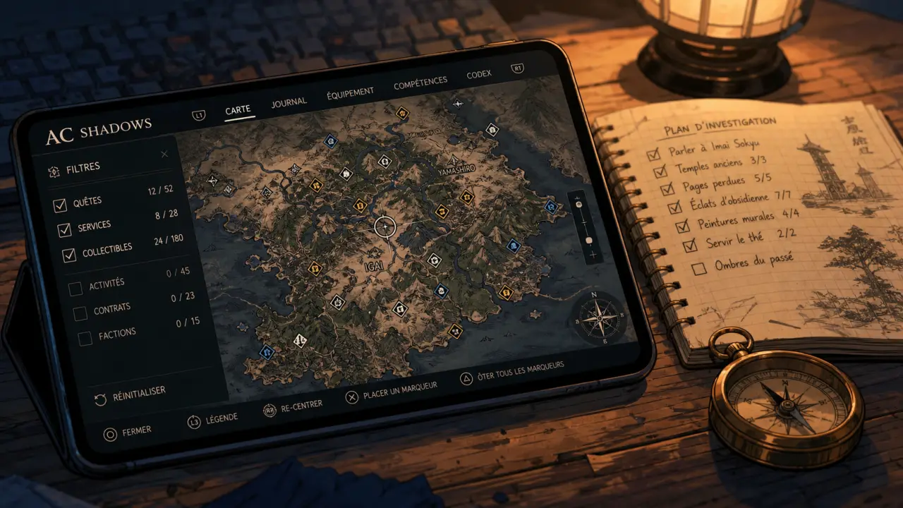 Map AC Shadows avec filtres quêtes et collectibles