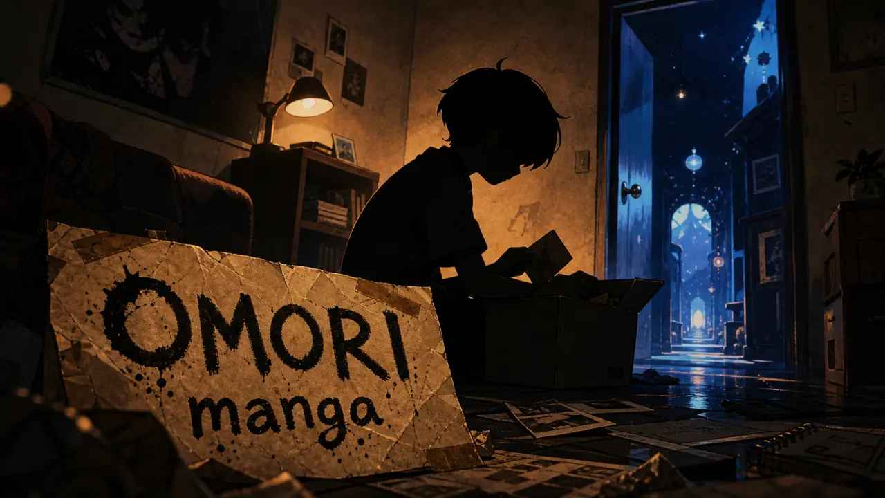 Omori manga : Sunny près d’une boîte, lueur bleue au couloir