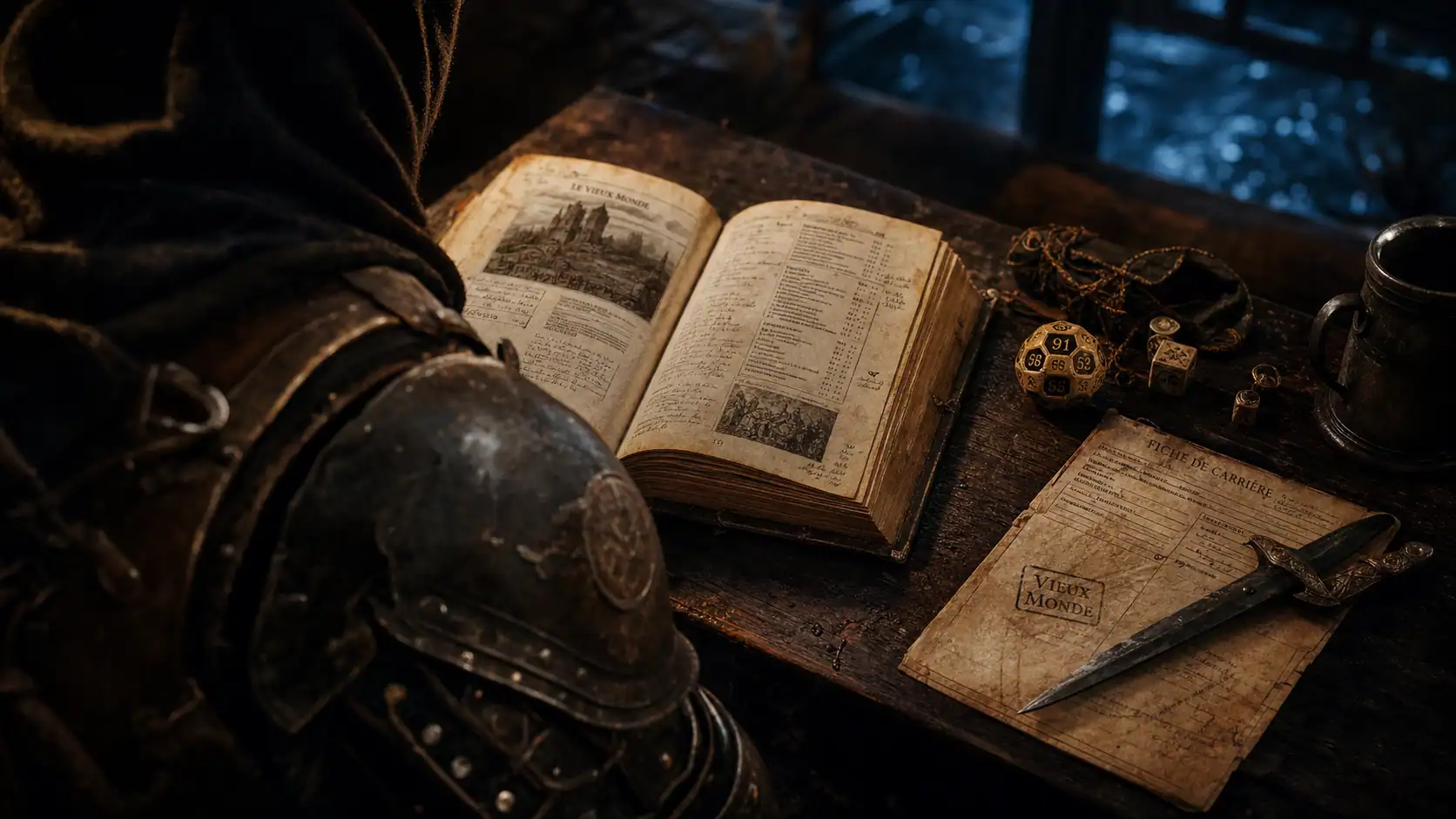 Warhammer FRP : livre WHFRP et dés 1d100 sur une table du Vieux Monde