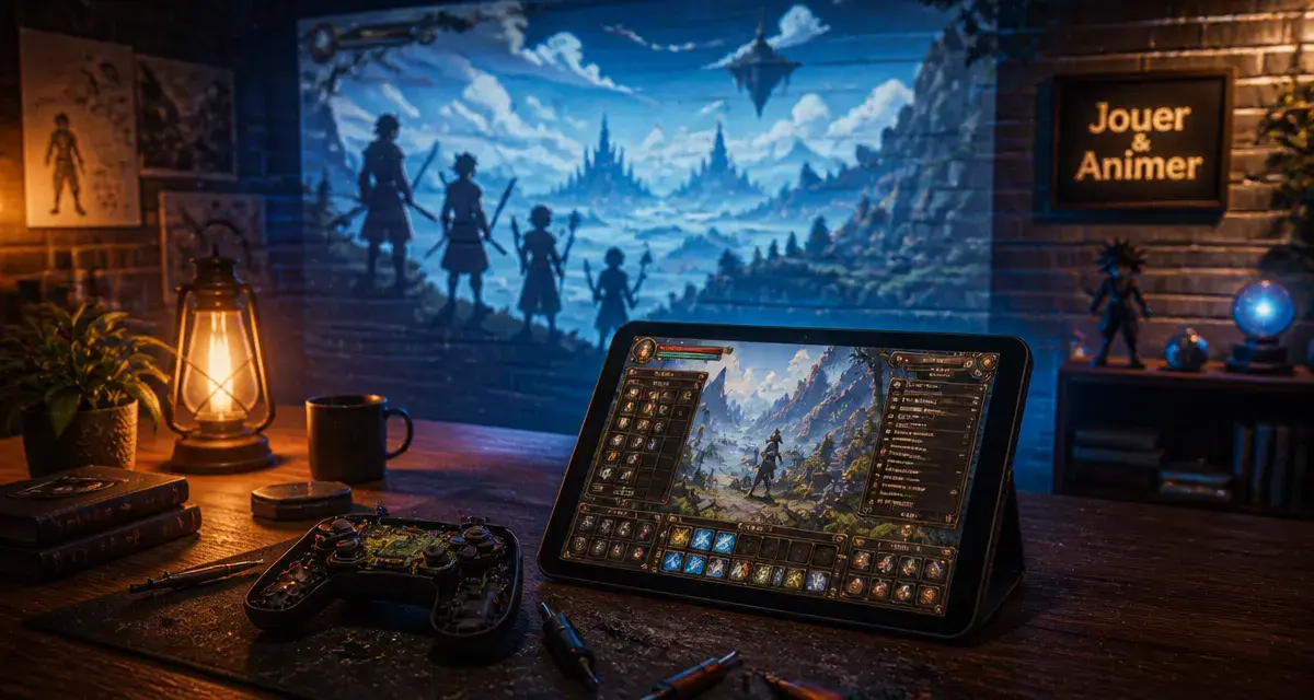Anime jeux video : manette MMORPG et interface, ambiance isekai