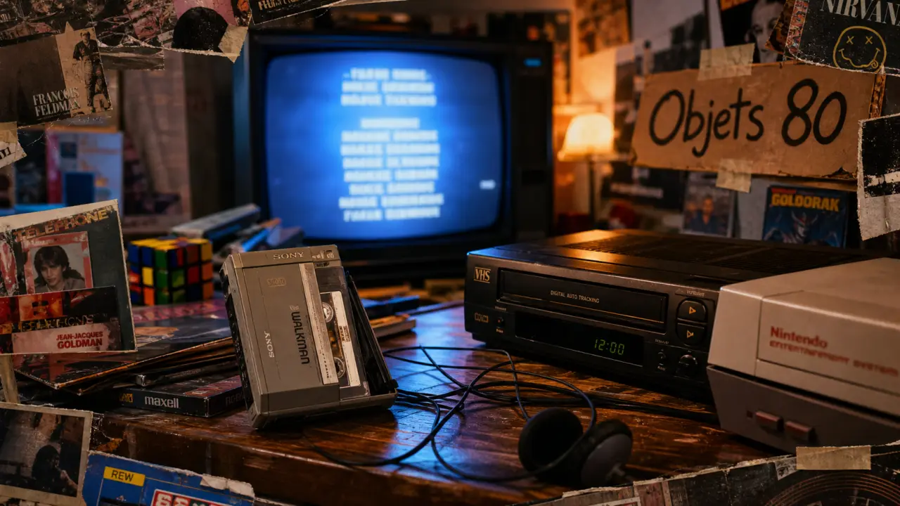 Ce qui a marqué les années 80 : Walkman, VHS et pop culture sur une table