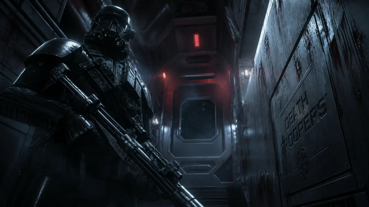 Death Troopers Star Wars : armure noire dans un couloir de vaisseau