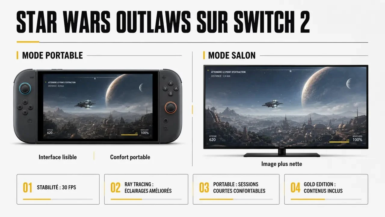 Star Wars Outlaws Switch 2 : comparatif visuel du mode portable, des performances et de l’édition Gold