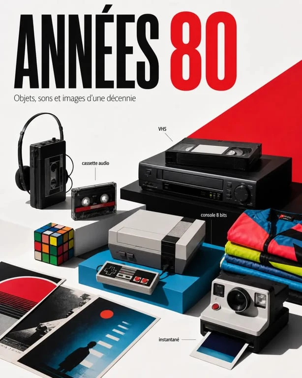 Ce qui a marqué les années 80 : objets cultes comme le Walkman, la VHS et la NES dans une illustration éditoriale