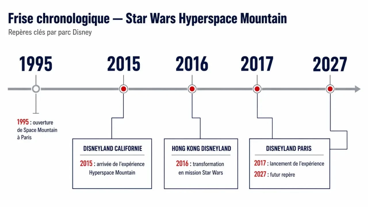 Frise chronologique de Star Wars Hyperspace Mountain avec les dates clés