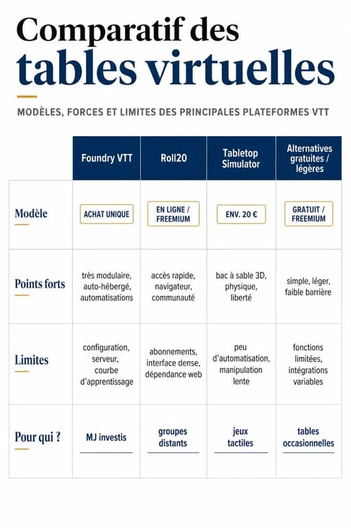Comparatif virtual tabletop des principales plateformes VTT avec prix, fonctionnalités et profils adaptés