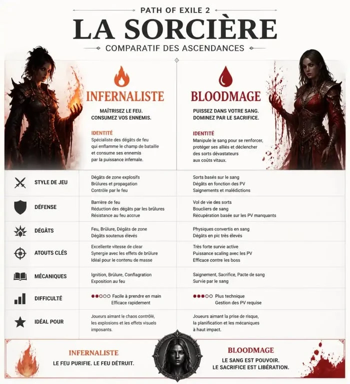 Comparatif des ascendances Sorcière Path of Exile 2 : Infernaliste vs Bloodmage