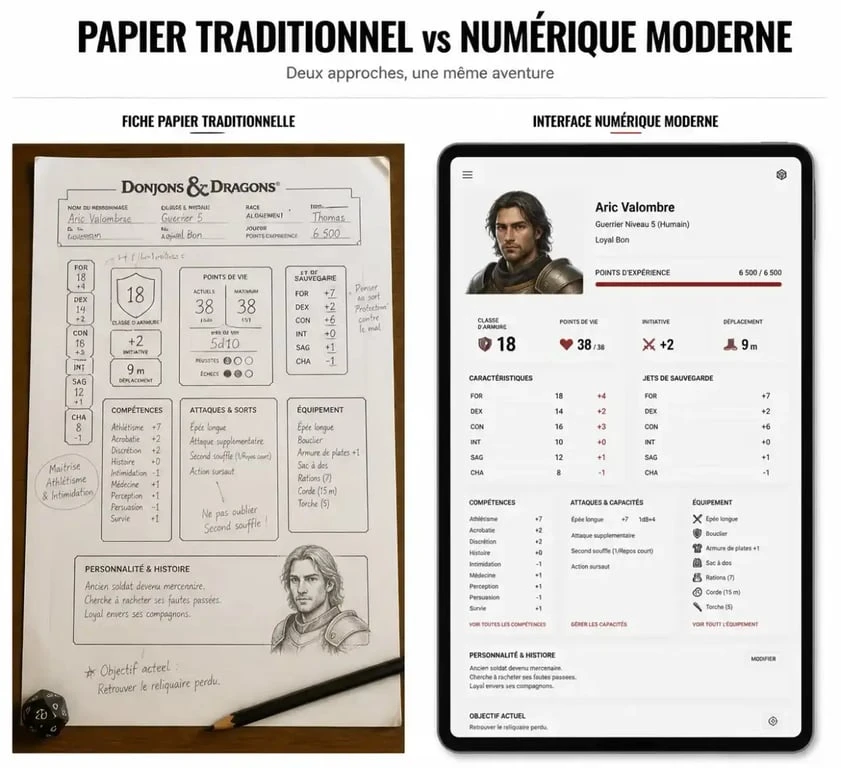 Comparaison entre fiche de personnage dnd papier et numérique