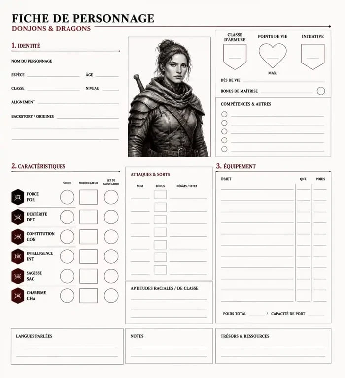 Anatomie d'une fiche de personnage dnd avec ses sections principales