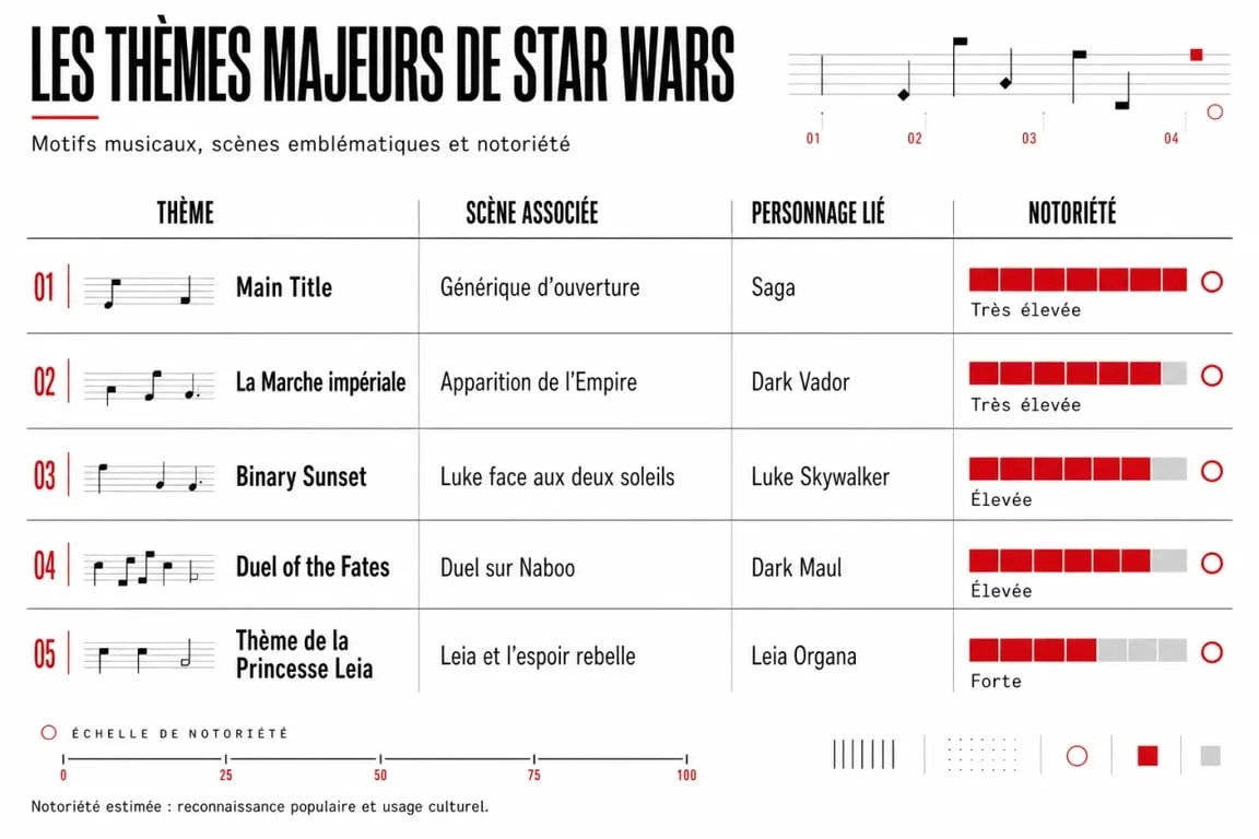 Infographie de la musique star wars avec les thèmes majeurs et leurs scènes associées