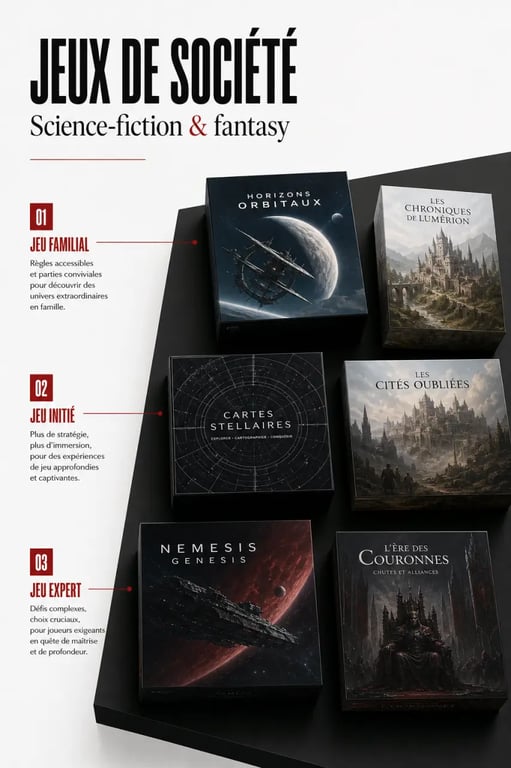 Les meilleurs jeux de société pour les fans de science-fiction et de fantasy : illustration comparant les niveaux familial, initié et expert