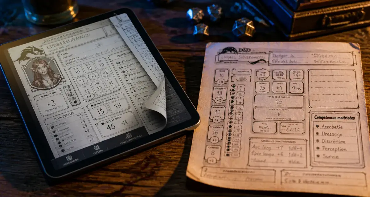 Fiche de personnage dnd papier et numérique sur table