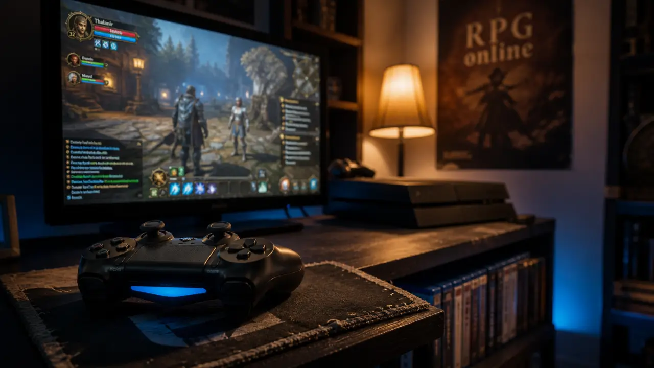 rpg online ps4 : manette avec interface MMORPG et quêtes