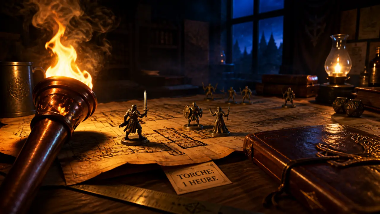 Shadowdark rpg : plan de donjon OSR sous torche, flamme et pions