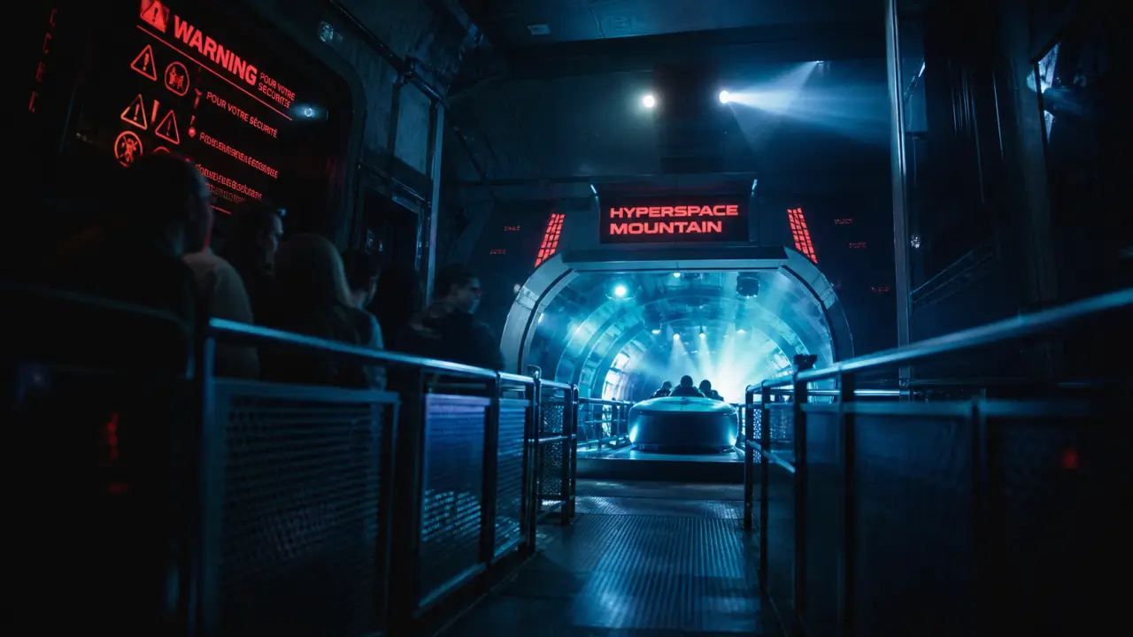 Star wars hyperspace mountain Paris : file d’attente futuriste sombre