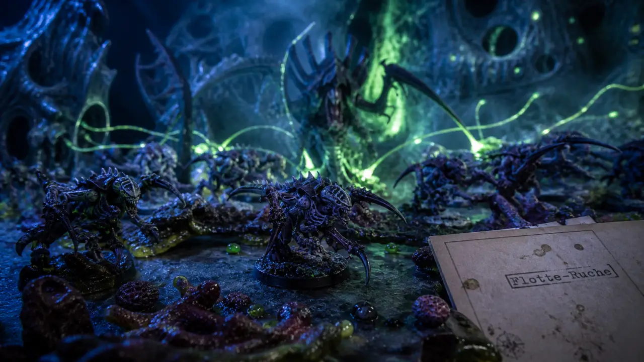 tyranide warhammer sur tapis de jeu, figurines et flotte-ruche