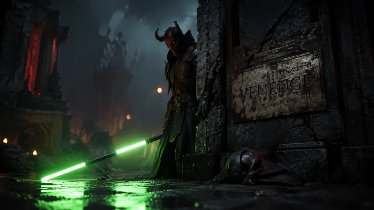 Dark Maul Star Wars avec sabre laser vert, ruines sombres de Tatooine