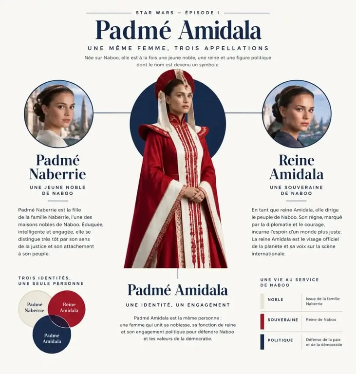 Infographie Star Wars 1 princess amidala : Padmé Naberrie, reine Amidala et Padmé Amidala
